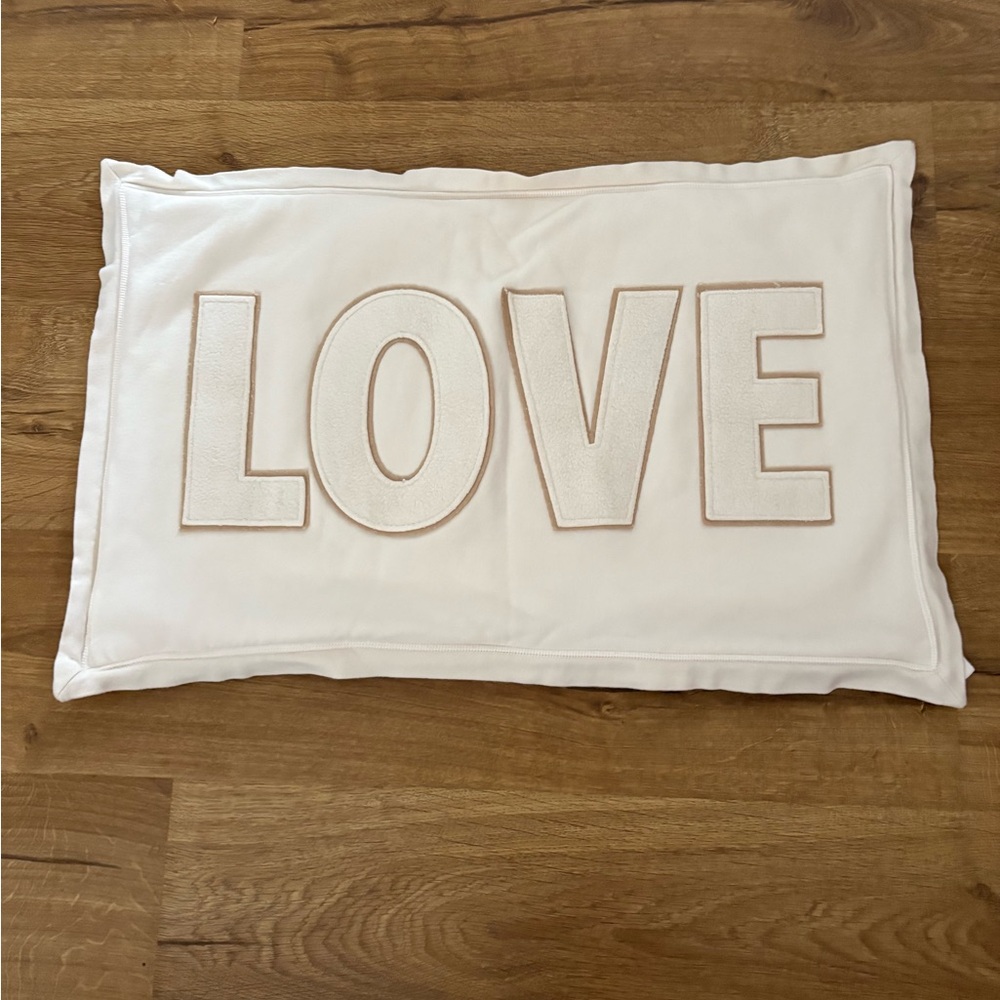 Pottery Barn Cream Pillow with Tan LOVE Embroidery